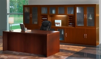 Picture of Mayline Aberdeen Laminate Executive Office Desk Workstation with Storage Credenza, Glass Doors