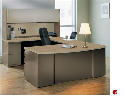 Picture of 72" L Shape Bowfront Steel Office Desk Workstation,Overhead Storage