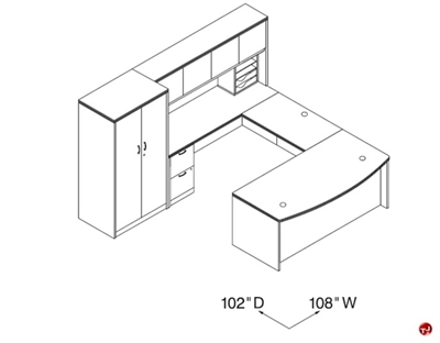 Picture of Peblo U Shape Bowfront Office Desk Workstation, Overhead with Wardrobe Storage