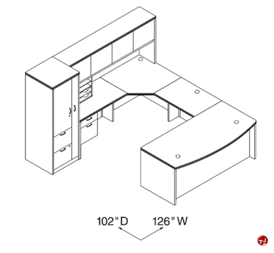 Picture of Peblo U Shape Bowfront Office Desk Workstation, Overhead with Storage