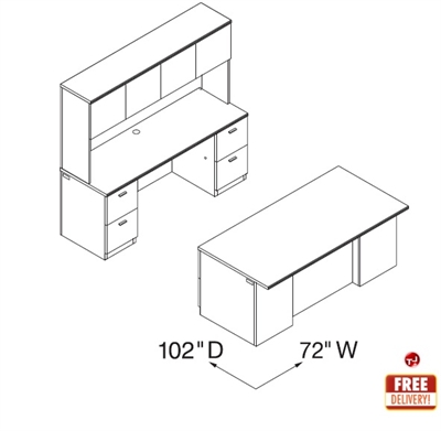 Picture of Veneer 72" Executive Desk with Kneespace Credenza with Overhead Storage