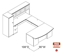 Picture of Veneer 72" Bowfront U Shape Office Desk Workstation with Glass Door Overhead and Wardrobe