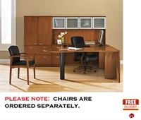 Picture of Veneer 72" U Shape P Top Office Desk Workstation with Glass Door Overehead, Bookcase Lateral File Storage