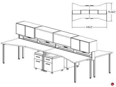 Picture of STROY Contemporary 4 Person Bench Seating Office Desk Workstation with Circuit Power and Overhead Storage