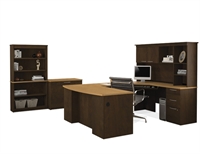 Picture of Bowfront U Shape Office Desk Workstation with Overhead Storage Hutch, Bookcase with Low Storage