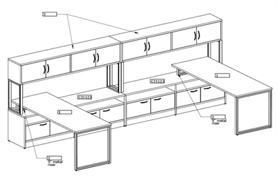 Picture of PEBLO Contemporary 2 Person L Shape Office Desk Workstation with Overhead and Storage Credenza