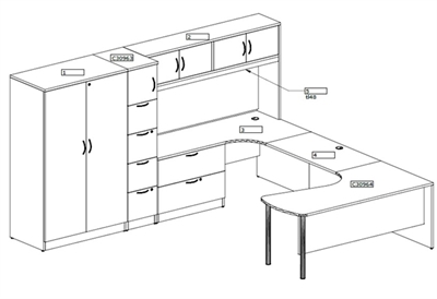 Picture of PEBLO U Shape Corner Curve Desk Workstation with Closed Overhead, Lateral Filing and Double Door Storage