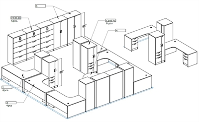 Picture of PEBLO Office Space Planning, 8 Person Office Desk Workstation with Wardrobes and Lateral Storage Filing Center