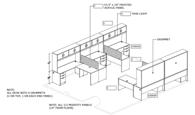 Picture of PEBLO Office Space Planning, 5 Person L Shape Office Desk Workstation with Filing and Overhead Storage