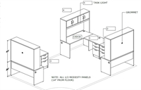 Picture of PEBLO Office Space Planning, 3 Person L Shape Office Desk Workstation with Filing and Overhead Storage