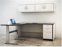 Picture of PEBLO L Shape Height Adjustable Table with Filing Cabinet and Wall Mount Storage