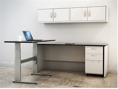 Picture of PEBLO L Shape Height Adjustable Table with Filing Cabinet and Wall Mount Storage