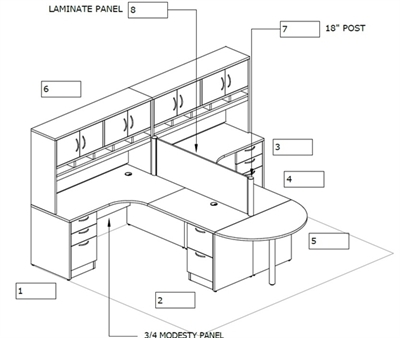 Picture of PEBLO Custom Size 2 Person L Shape Office Desk Workstation with Overhead Storage