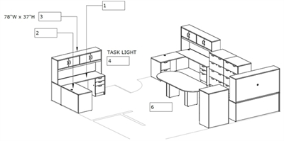 Picture of PEBLO Space Planning, 3 Person L Shape Office Desk Workstation with Racetrack Conference Table and Lateral Files