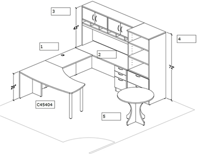 Picture of PEBLO Space Planning, Custom U Shape Desk with Overhead, Lateral File Bookcase and Round Conference Table