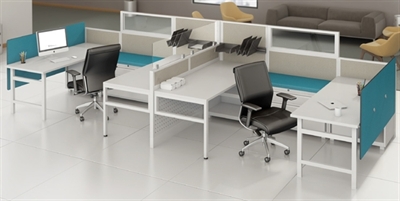 Picture of PEBLO Cluster of 2 Person, Contemporary U Shape Cubicle Office Desk Workstation with Filing and Glass Header